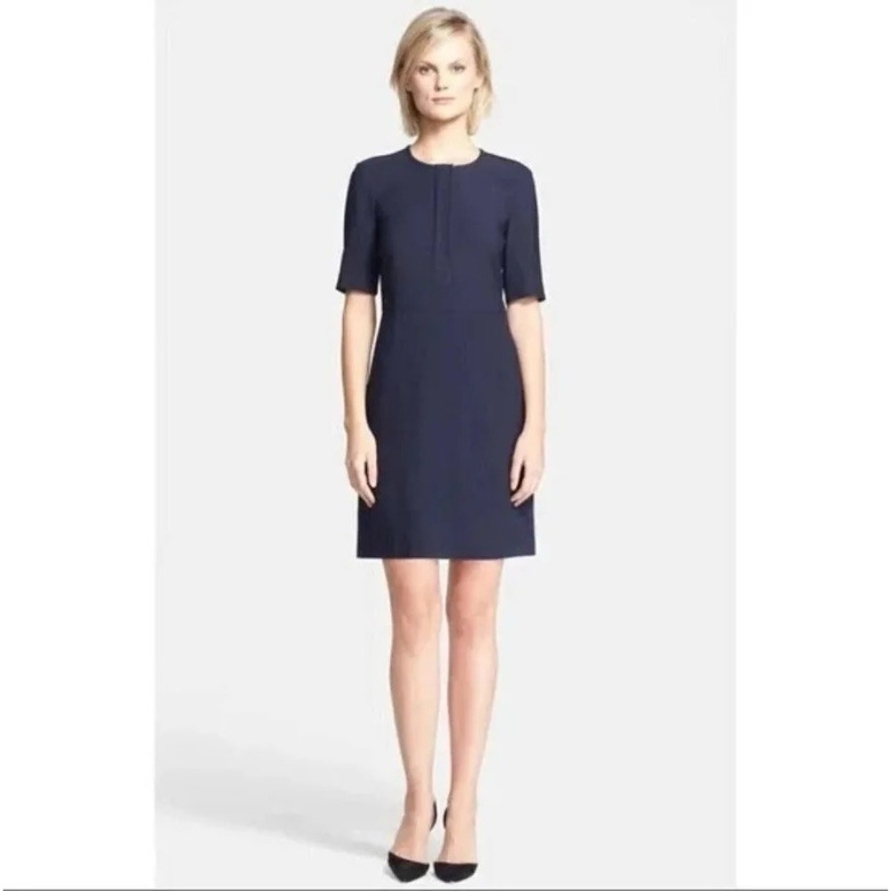 Theory Navy Blue Stretch Sheath Dress Half Zip Elbow Sleeve Size 0